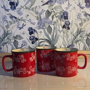 Set of Three Red Floral Mugs Temptations Hand Painted Hand Crafted 14ounce